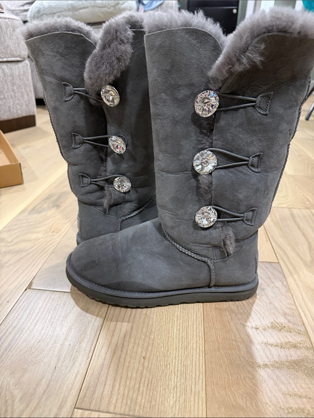 UGG Gray Swarovski-Button Suede Shearling Boots